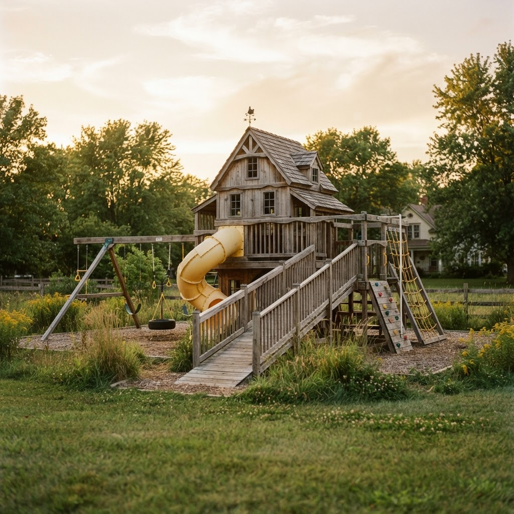 The original handcrafted wooden playground in a Midwest backyard at golden hour