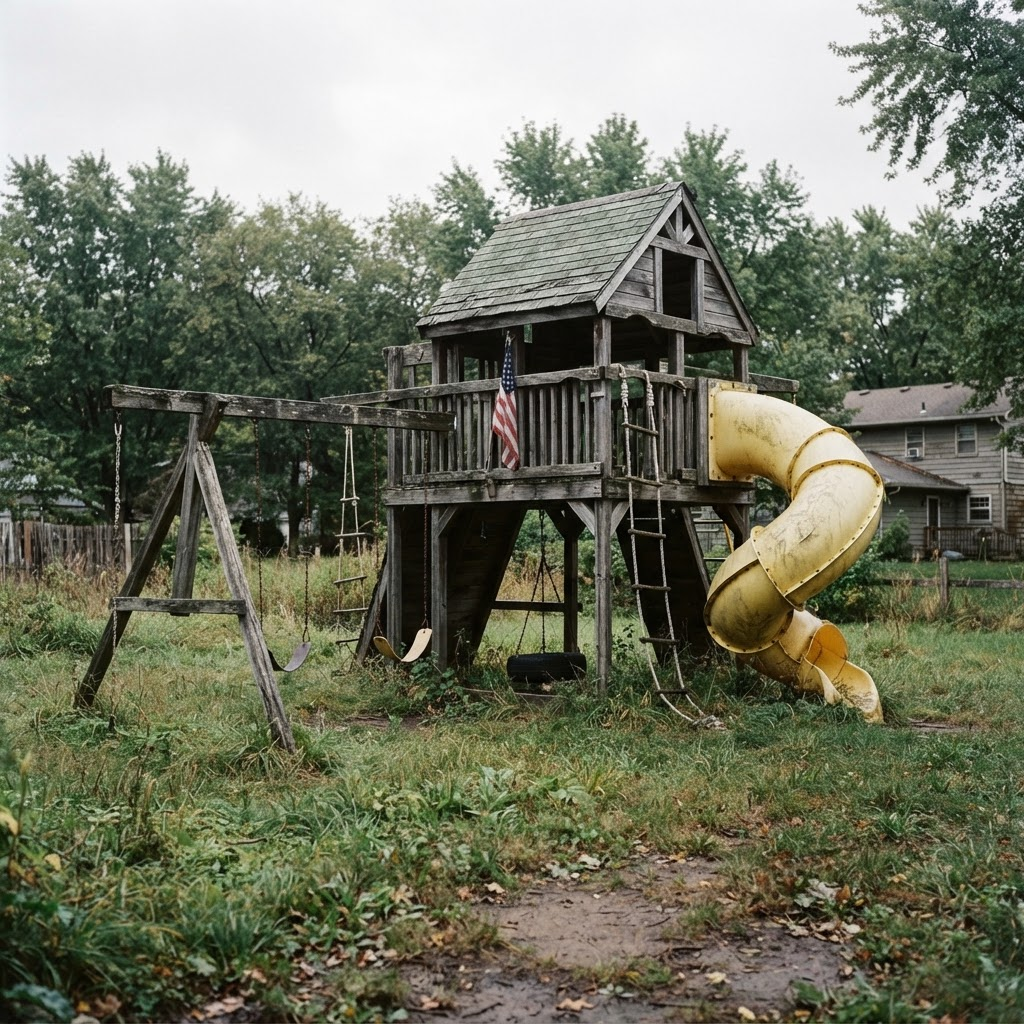 The original weathered wooden playground as found in a backyard near Springfield, Illinois