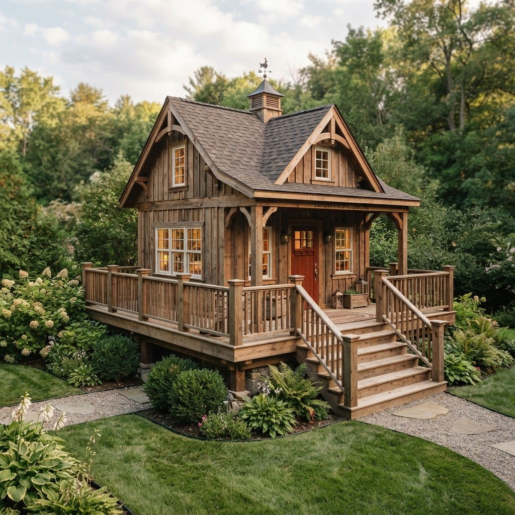 A handcrafted enclosed clubhouse with a covered porch and deck
